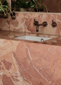 Close up of Breccia Savoia marble vanity - Finestone Granite and Marble